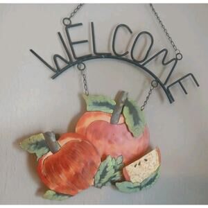 Vintage Metal Iron Welcome Sign Hanging Red Apples W/ Chains Hand Painted 21"